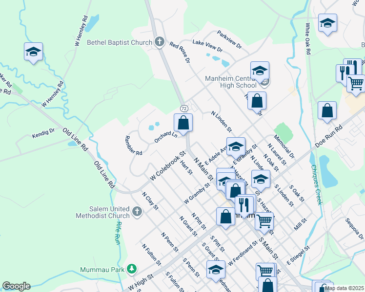 map of restaurants, bars, coffee shops, grocery stores, and more near 205 Pennsylvania 72 in Manheim