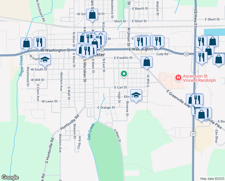 map of restaurants, bars, coffee shops, grocery stores, and more near 265-299 East Carl Street in Winchester