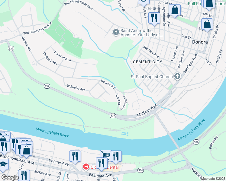 map of restaurants, bars, coffee shops, grocery stores, and more near 198 Donora Road in Monongahela