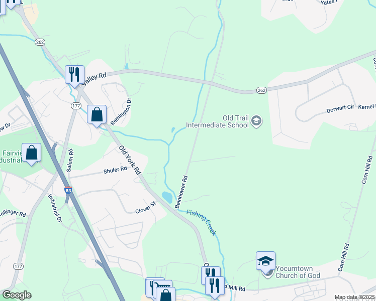map of restaurants, bars, coffee shops, grocery stores, and more near 645 Beinhower Road in York County