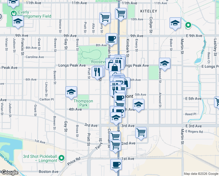 map of restaurants, bars, coffee shops, grocery stores, and more near 515 Coffman Street in Longmont