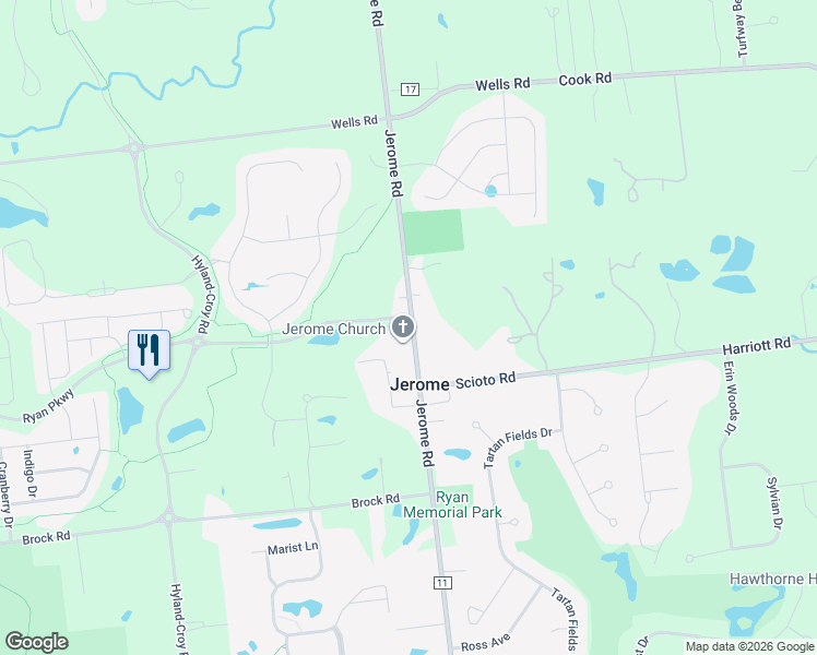 map of restaurants, bars, coffee shops, grocery stores, and more near 10631 Jerome Road in Plain City