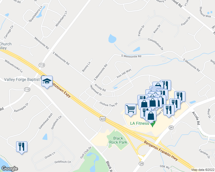 map of restaurants, bars, coffee shops, grocery stores, and more near 140 Iron Hill Way in Collegeville