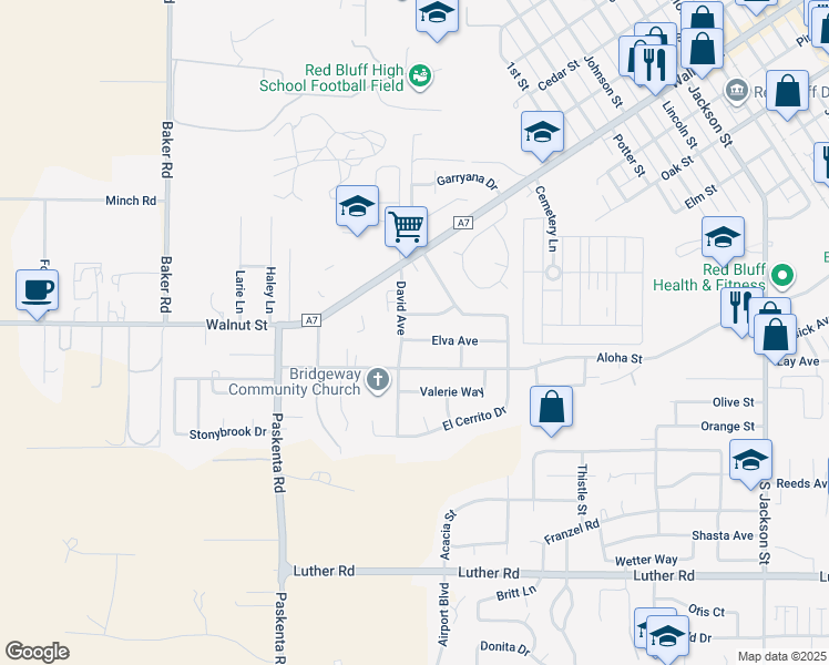 map of restaurants, bars, coffee shops, grocery stores, and more near 1630 Elva Avenue in Red Bluff