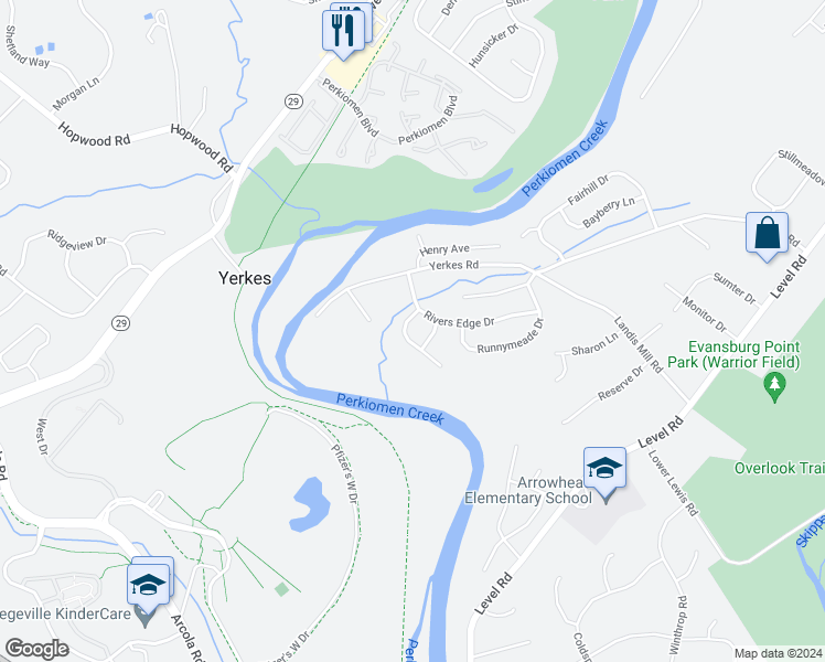 map of restaurants, bars, coffee shops, grocery stores, and more near 2004 Water Fall Circle in Collegeville