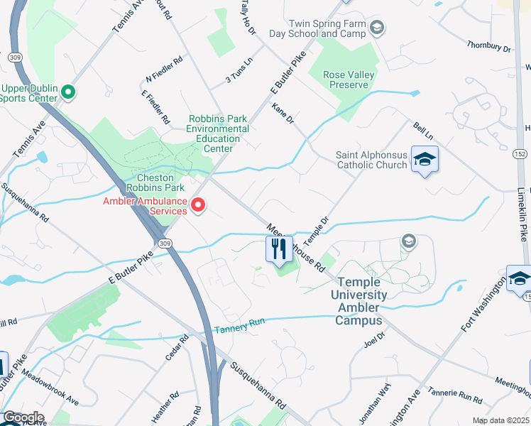 map of restaurants, bars, coffee shops, grocery stores, and more near 1501 Friends Lane in Maple Glen