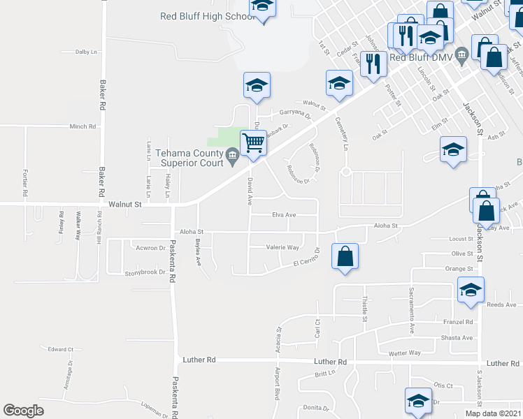 map of restaurants, bars, coffee shops, grocery stores, and more near 1620 Elva Avenue in Red Bluff