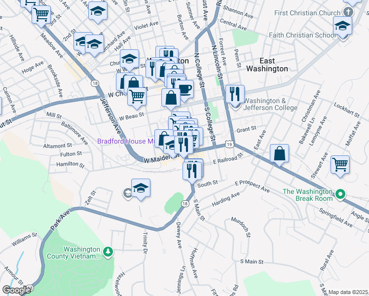 map of restaurants, bars, coffee shops, grocery stores, and more near 175 South Main Street in Washington
