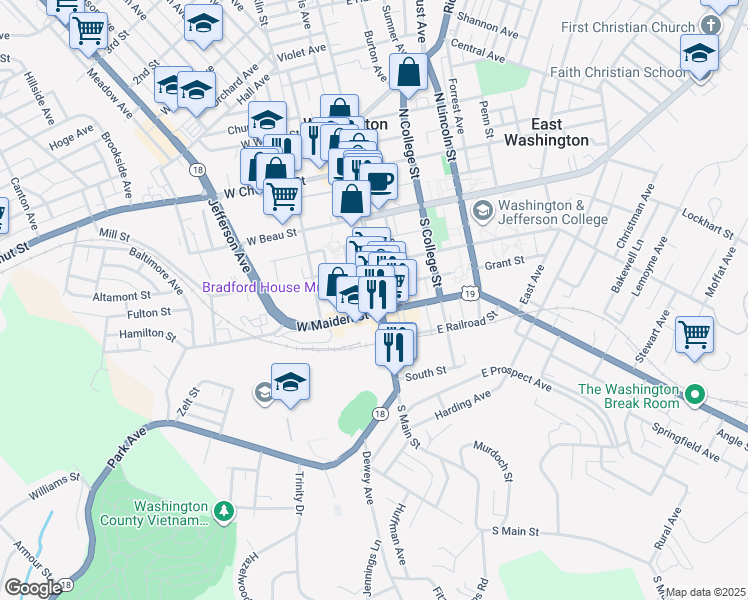map of restaurants, bars, coffee shops, grocery stores, and more near 175 South Main Street in Washington