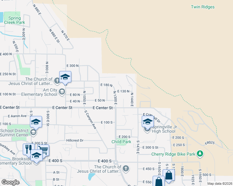 map of restaurants, bars, coffee shops, grocery stores, and more near 120 North 1300 East in Springville