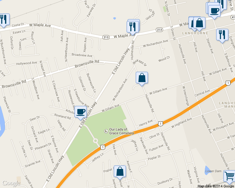 map of restaurants, bars, coffee shops, grocery stores, and more near 964 West Richardson Avenue in Langhorne