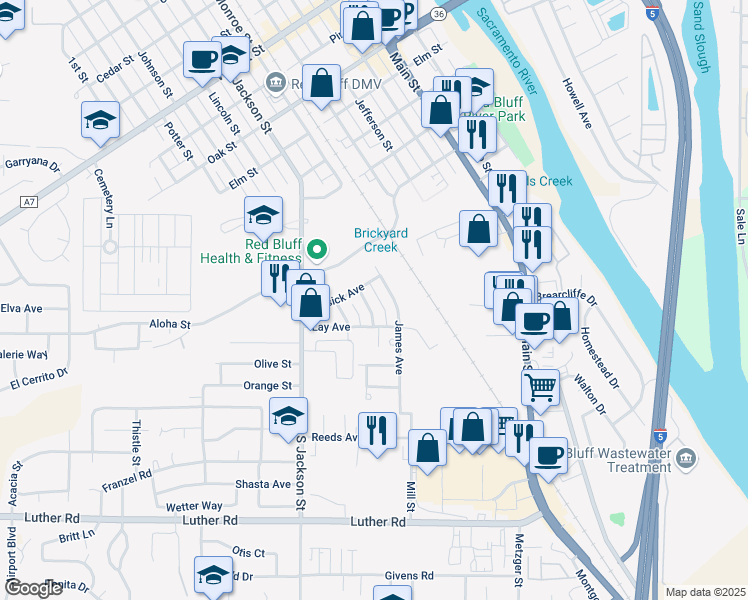 map of restaurants, bars, coffee shops, grocery stores, and more near 235 Kay Avenue in Red Bluff