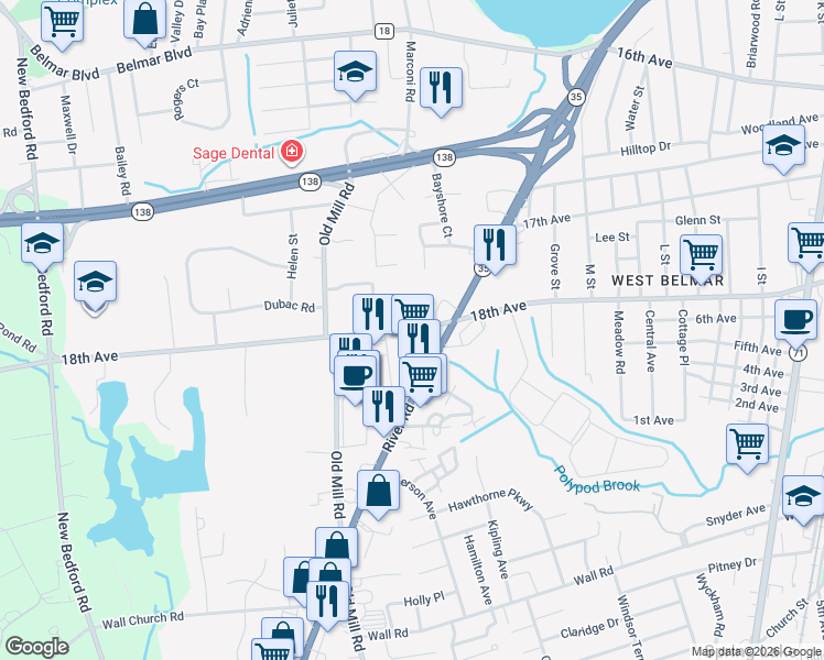 map of restaurants, bars, coffee shops, grocery stores, and more near 1420 18th Avenue in Belmar