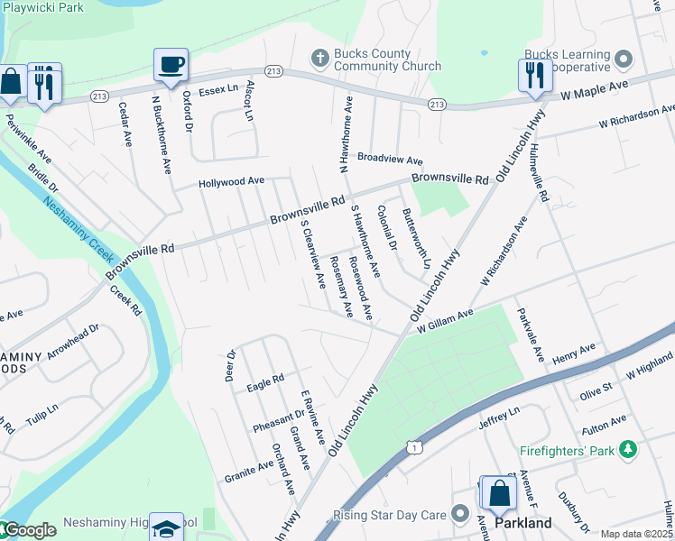 map of restaurants, bars, coffee shops, grocery stores, and more near 225 Rosemary Avenue in Langhorne