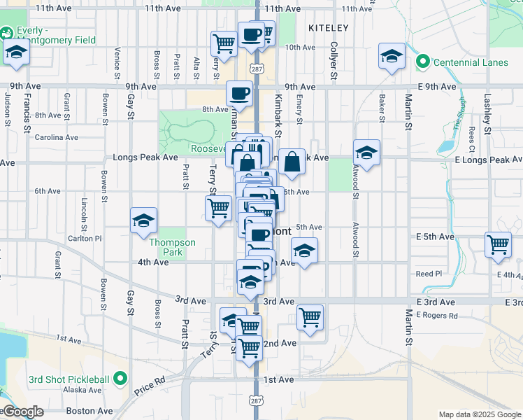 map of restaurants, bars, coffee shops, grocery stores, and more near 528 Main Street in Longmont