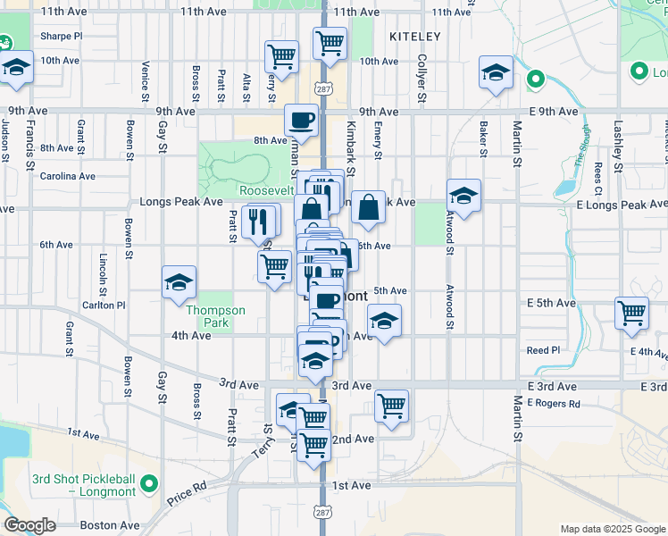 map of restaurants, bars, coffee shops, grocery stores, and more near 528 Main Street in Longmont