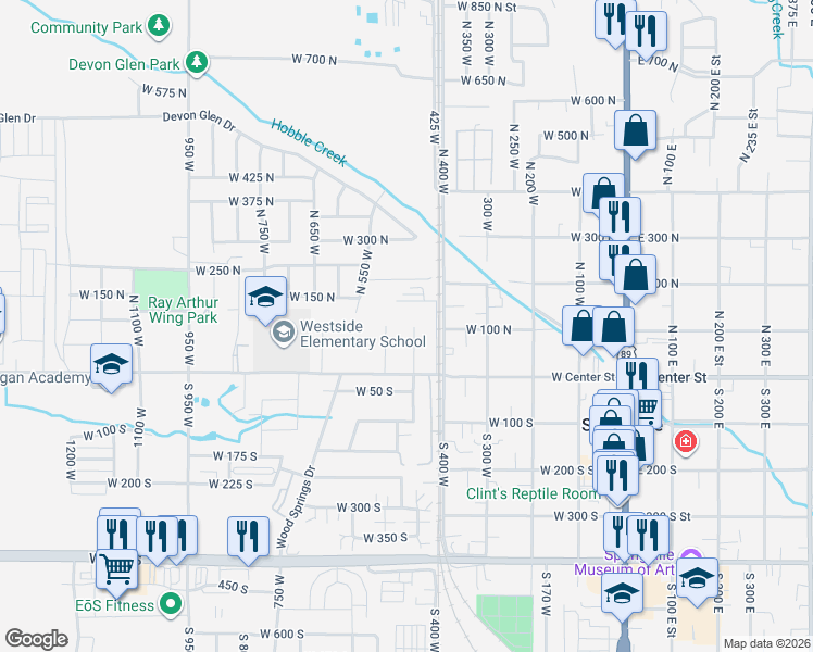 map of restaurants, bars, coffee shops, grocery stores, and more near 65 North 450 West in Springville