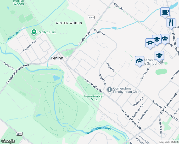 map of restaurants, bars, coffee shops, grocery stores, and more near 135 Macklenberg Drive in Penllyn