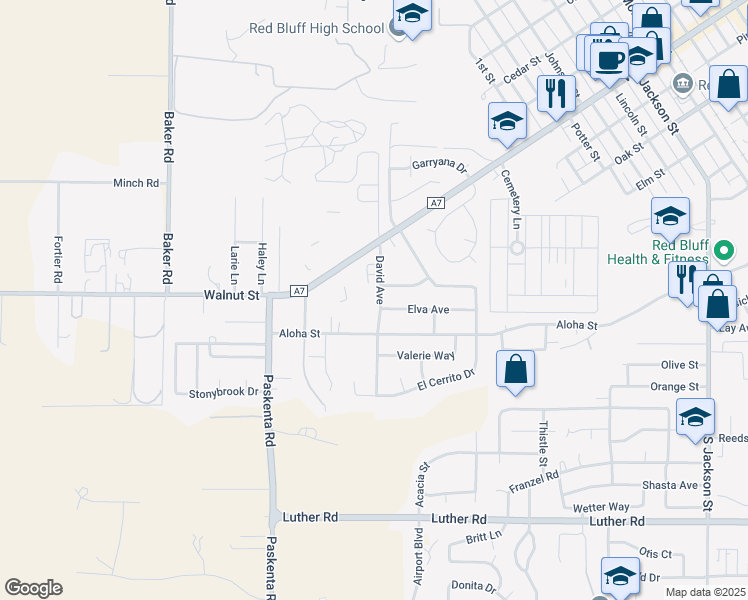 map of restaurants, bars, coffee shops, grocery stores, and more near 529 David Avenue in Red Bluff