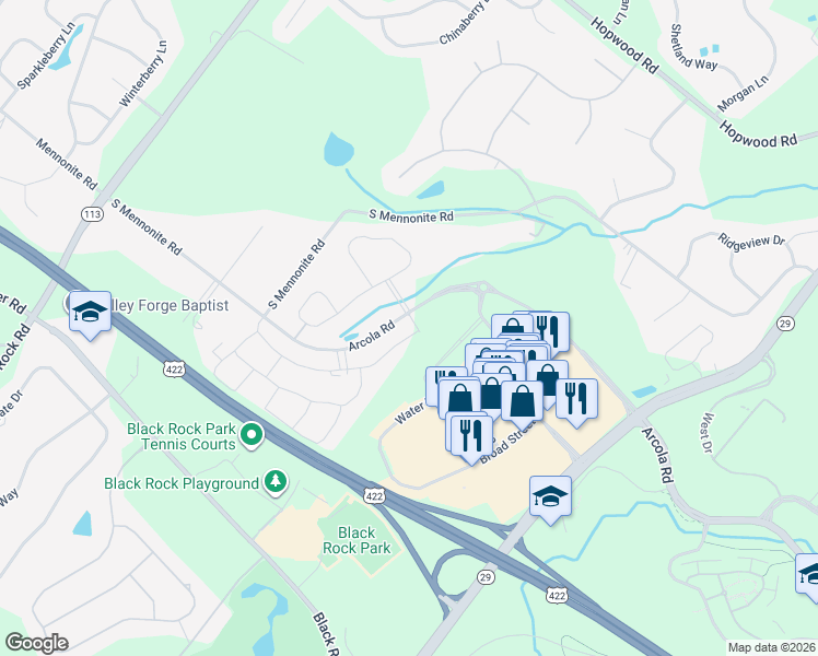 map of restaurants, bars, coffee shops, grocery stores, and more near 200 Hopewell Drive in Collegeville