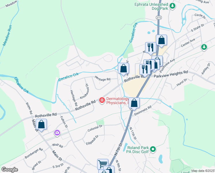 map of restaurants, bars, coffee shops, grocery stores, and more near 273 Riverview Drive in Ephrata