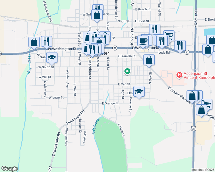 map of restaurants, bars, coffee shops, grocery stores, and more near 205 East Carl Street in Winchester