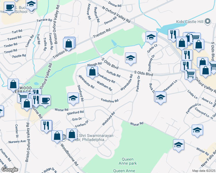 map of restaurants, bars, coffee shops, grocery stores, and more near 239 Waltham Road in Fairless Hills