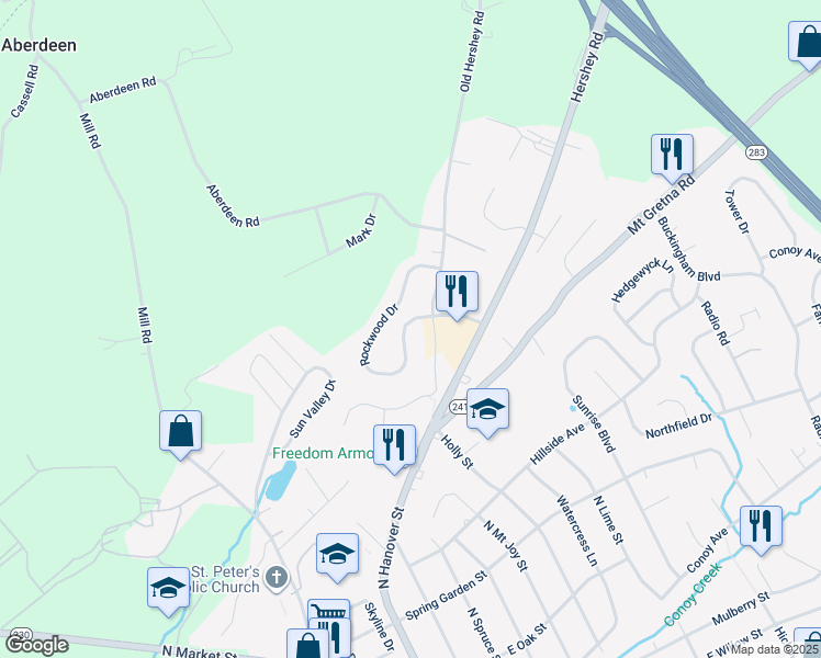 map of restaurants, bars, coffee shops, grocery stores, and more near 400 Rockwood Drive in Elizabethtown