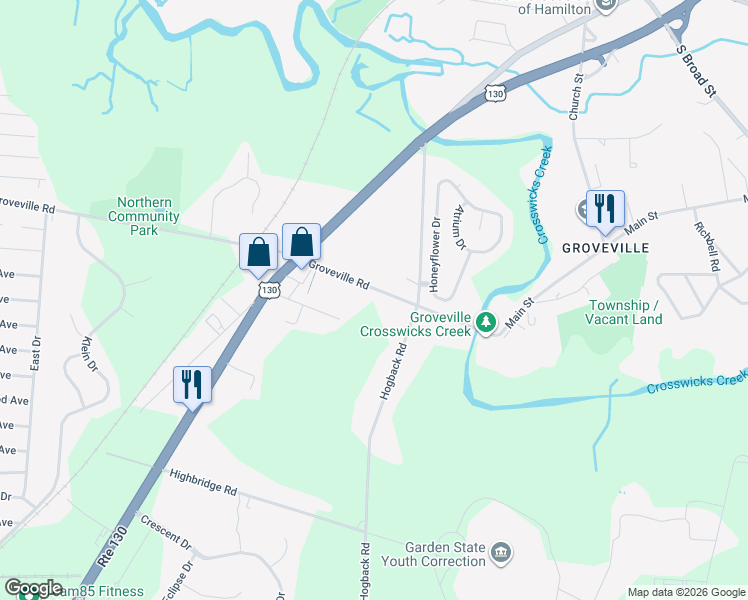 map of restaurants, bars, coffee shops, grocery stores, and more near 87 Groveville Road in Trenton