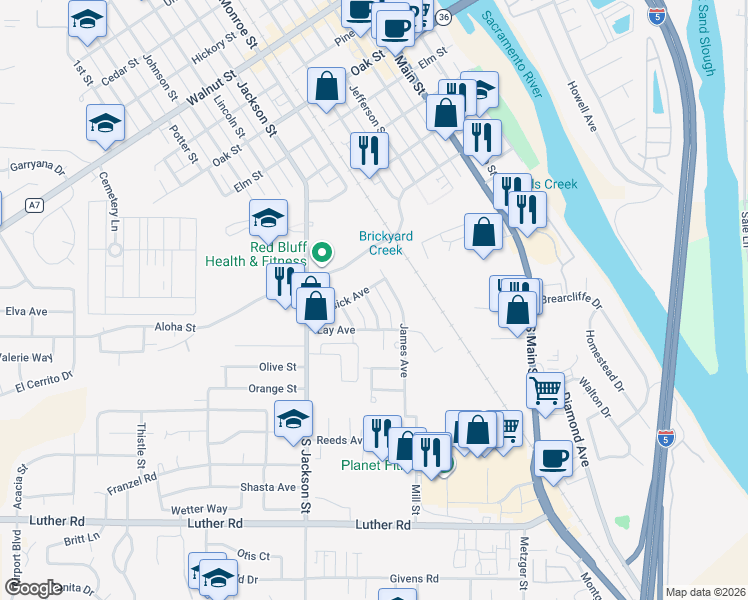 map of restaurants, bars, coffee shops, grocery stores, and more near 235 Kay Avenue in Red Bluff