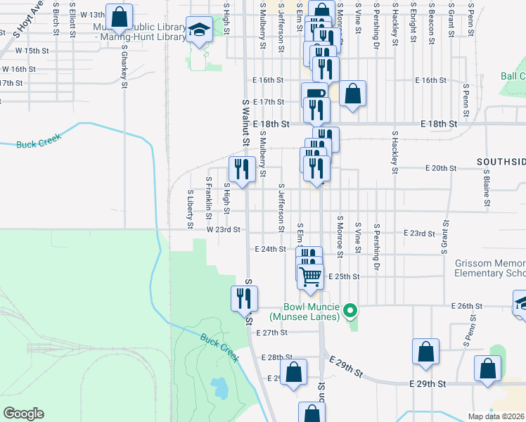map of restaurants, bars, coffee shops, grocery stores, and more near 200 East 22nd Street in Muncie
