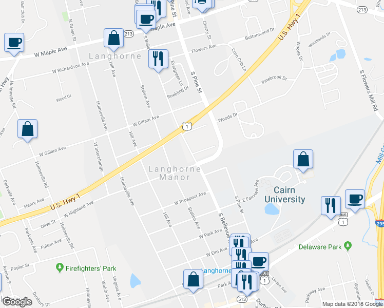 map of restaurants, bars, coffee shops, grocery stores, and more near 576 South Bellevue Avenue in Langhorne