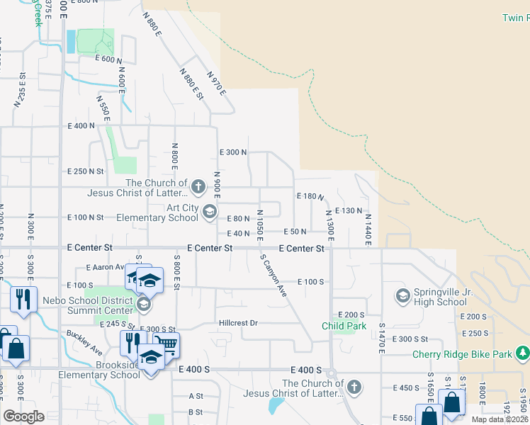 map of restaurants, bars, coffee shops, grocery stores, and more near 1056 East 150 North in Springville