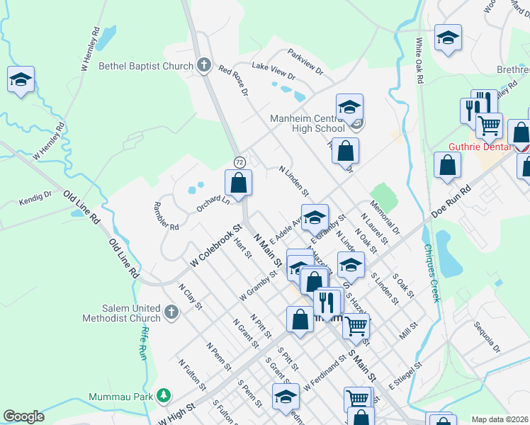 map of restaurants, bars, coffee shops, grocery stores, and more near 181 N Wolf St in Manheim