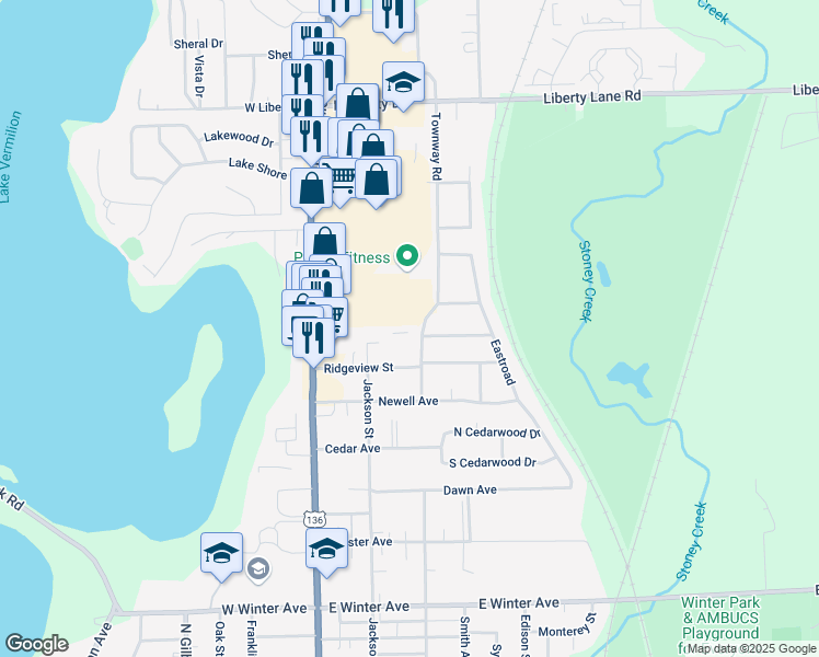 map of restaurants, bars, coffee shops, grocery stores, and more near 301 Northbrook Drive in Danville