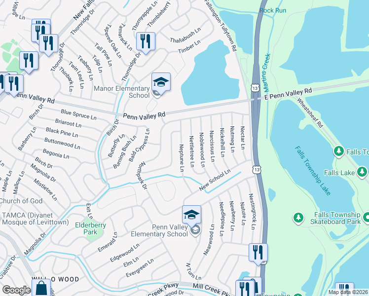 map of restaurants, bars, coffee shops, grocery stores, and more near 56 Neptune Lane in Levittown