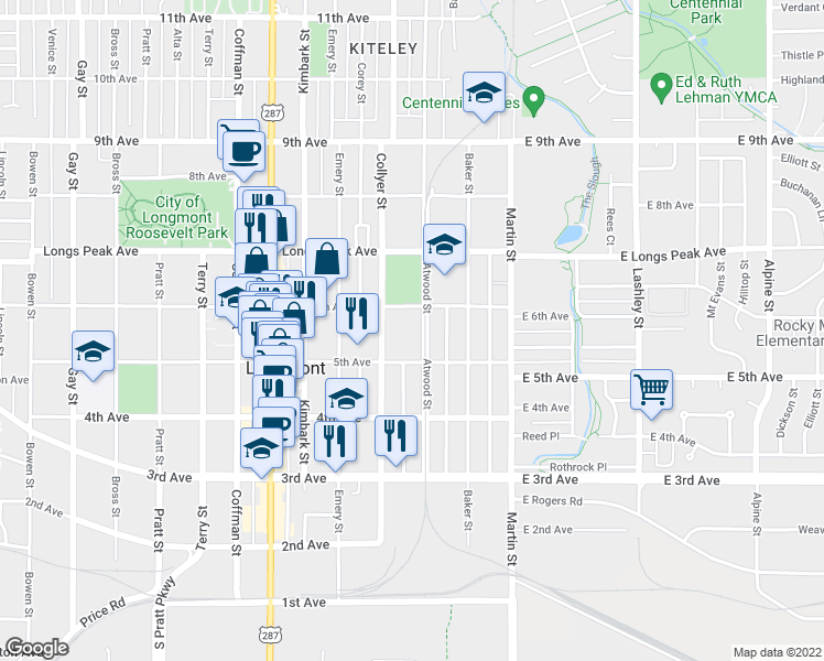 map of restaurants, bars, coffee shops, grocery stores, and more near 536 Collyer Street in Longmont