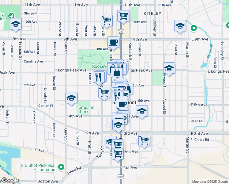 map of restaurants, bars, coffee shops, grocery stores, and more near 518 Coffman Street in Longmont