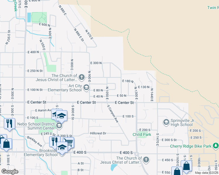 map of restaurants, bars, coffee shops, grocery stores, and more near 1056 East 150 North in Springville
