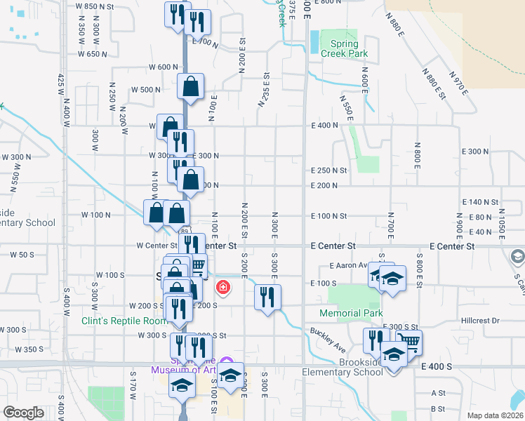 map of restaurants, bars, coffee shops, grocery stores, and more near 265 East 100 North in Springville