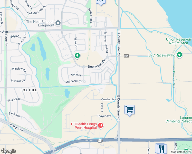 map of restaurants, bars, coffee shops, grocery stores, and more near Peregrine Cir in Longmont