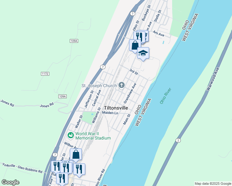 map of restaurants, bars, coffee shops, grocery stores, and more near 215 Walker Street in Tiltonsville