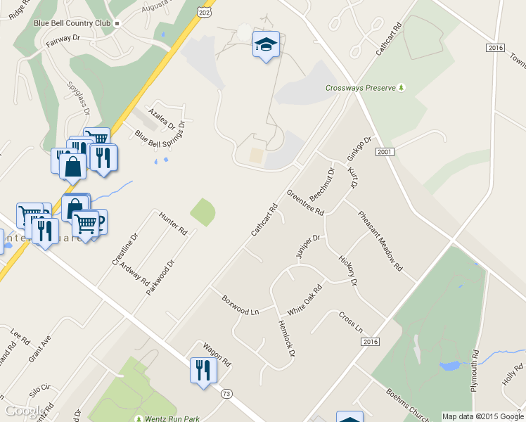 map of restaurants, bars, coffee shops, grocery stores, and more near 613 Cathcart Rd in Blue Bell