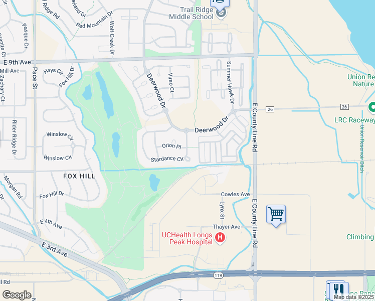 map of restaurants, bars, coffee shops, grocery stores, and more near 1718 Stardance Circle in Longmont