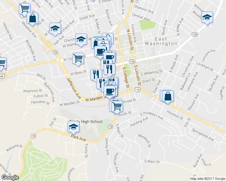 map of restaurants, bars, coffee shops, grocery stores, and more near 174 South Main Street in Washington