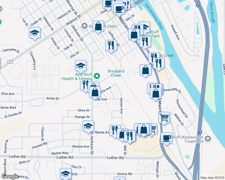 map of restaurants, bars, coffee shops, grocery stores, and more near 235 Kay Avenue in Red Bluff