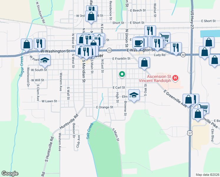 map of restaurants, bars, coffee shops, grocery stores, and more near 265-299 East Carl Street in Winchester