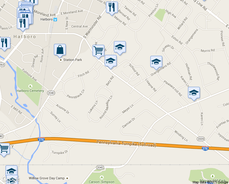 map of restaurants, bars, coffee shops, grocery stores, and more near 3855 Round Meadow Lane in Hatboro