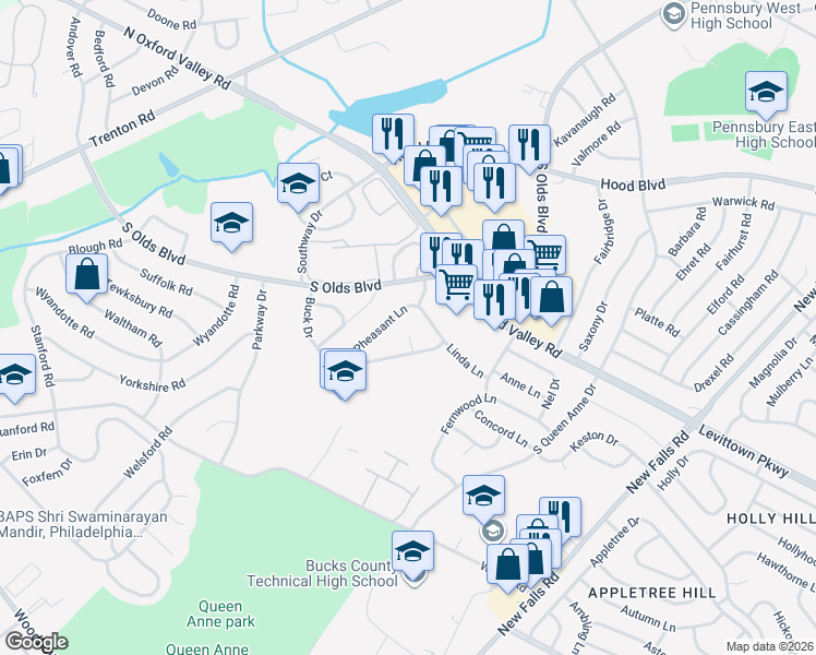 map of restaurants, bars, coffee shops, grocery stores, and more near 104 Antler Court in Fairless Hills