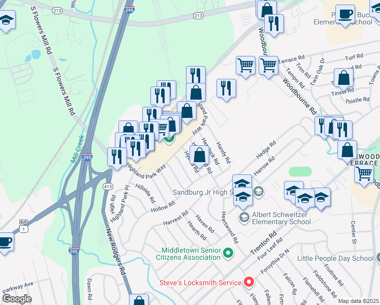 map of restaurants, bars, coffee shops, grocery stores, and more near 143 Heartwood Road in Levittown